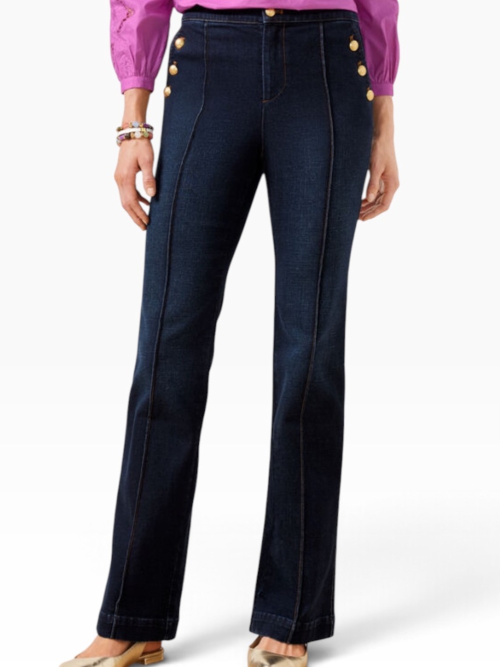 Talbots Sailor Flare Dark Blue High-Rise Button-Trim Jeans 14P